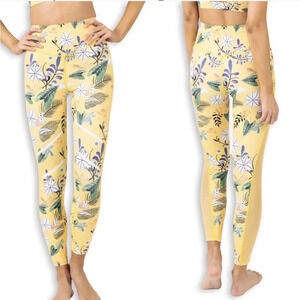Zyia Leggings Yellow Floral Light N Tight Hi-Rise‎ Mesh 7/8 For Workout. Size 12